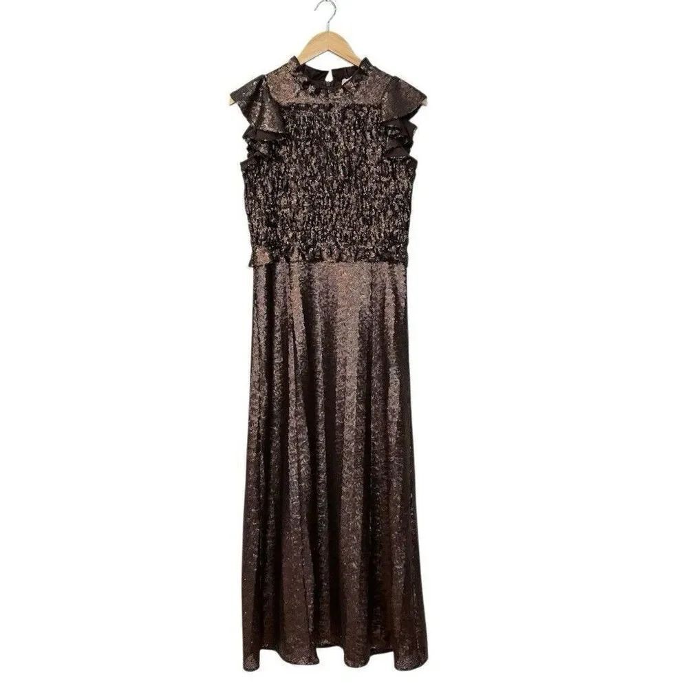 Sea New York Rachelle Smocked Sequin Metallic Bronze Gown Dress Size 2